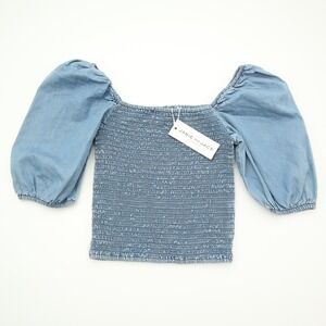 Janie and Jack Denim Smocked Puff Sleeve Square Neck Crop Top Kids Size 10